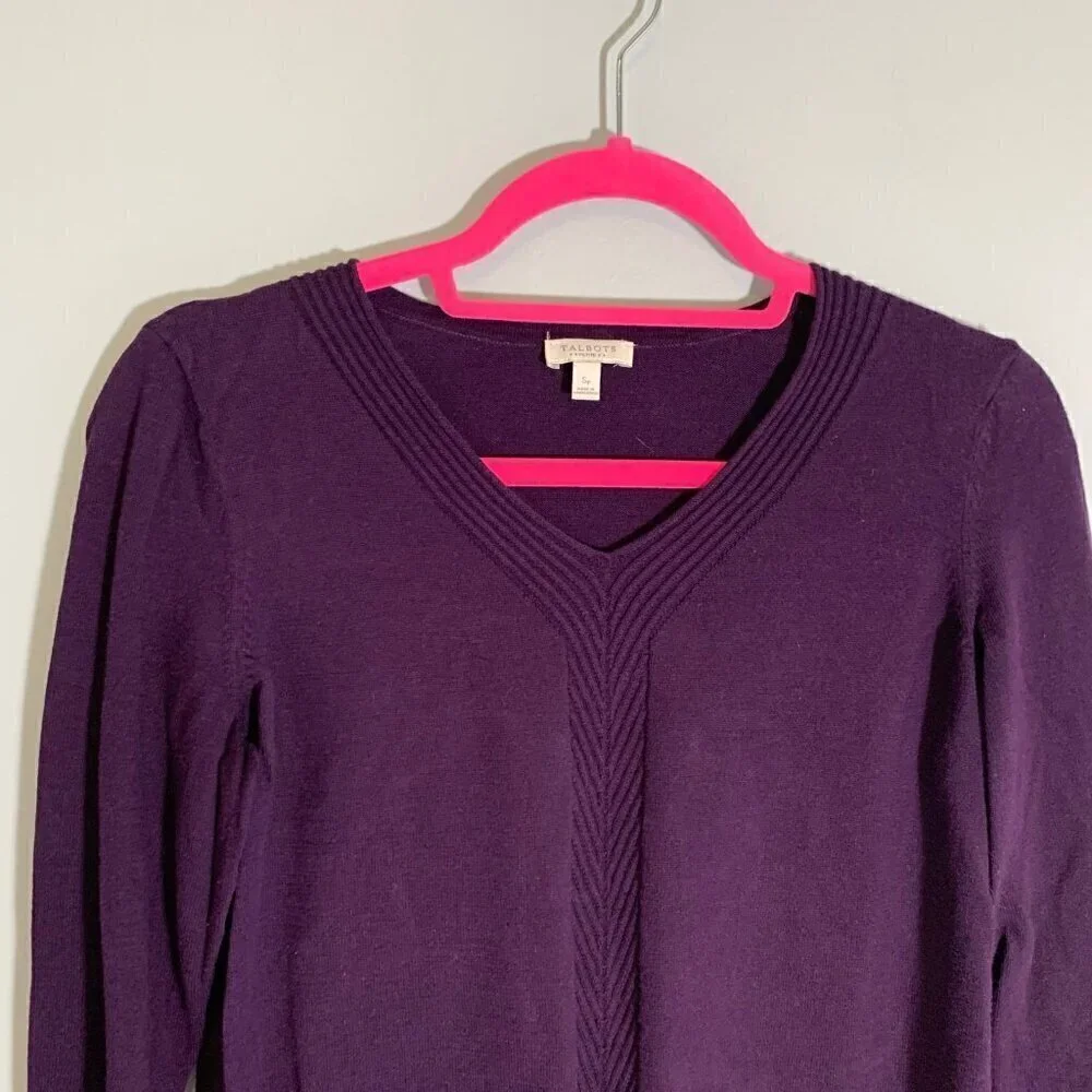 Talbots Petite Purple V-Neck 100%‎ Cotton Sweater Ribbed Chevron Detail SP
